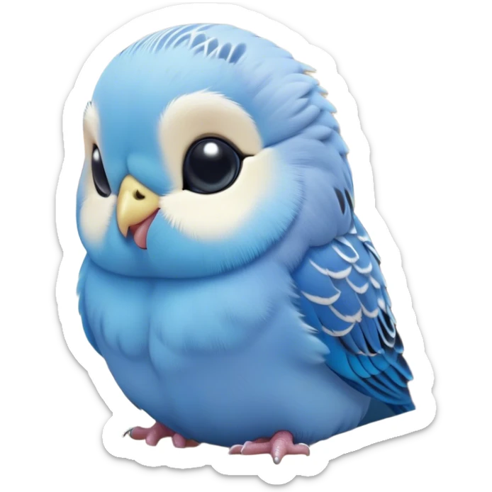 Meme-Worthy Cute Sleeping Blue Budgie Portrait Emoji, Head resting peacefully with a contented smile, showcasing a petite, delicate build and a luxuriously soft blue feathered fur, eyes shut in a serene nap, Simplified yet hilariously adorable features, highly detailed, glowing with a soft, drowsy light, high shine, relaxed and utterly lovable, stylized with an air of playful laziness, bright and heartwarming, soft glowing outline, capturing the essence of a comically sleepy budgie, so meme-worthy it feels like it could instantly become the next viral sensation of adorable slumber! sticker