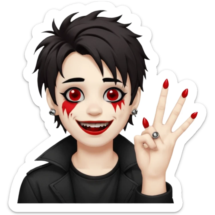 Laughing pale Goth boy with a bunch of face piercings, with shaggy dark brown hair, and messy black eyeliner , smudged, red, lipstick and rock on hand sign sticker