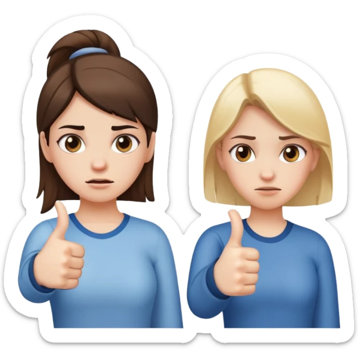 Girl with one hand giving thumbs up and the other hand giving thumbs down, showing mixed feelings, conflicted expression sticker