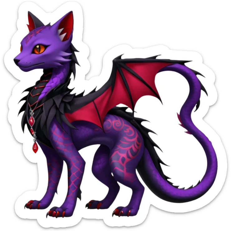 Kawaii feral, four-legged gothic dark badass black, red, purple, beautiful pretty elegant divine edgy feline-vernid-sergal-Haku-dragon-fursona-animal-creature, full body, with intricate detailed markings, silken shawl sticker