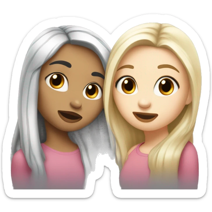 Girl kissing another girl on the cheek, both blushing. They both have white skin and long black hair sticker