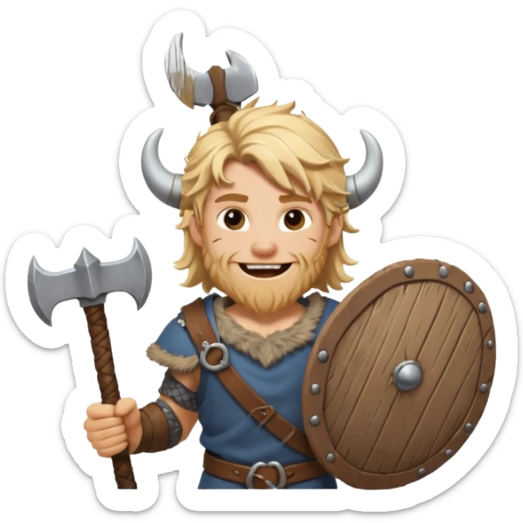 A young Viking warrior with messy blond hair, wooden shield, and fierce excited grin.
 sticker