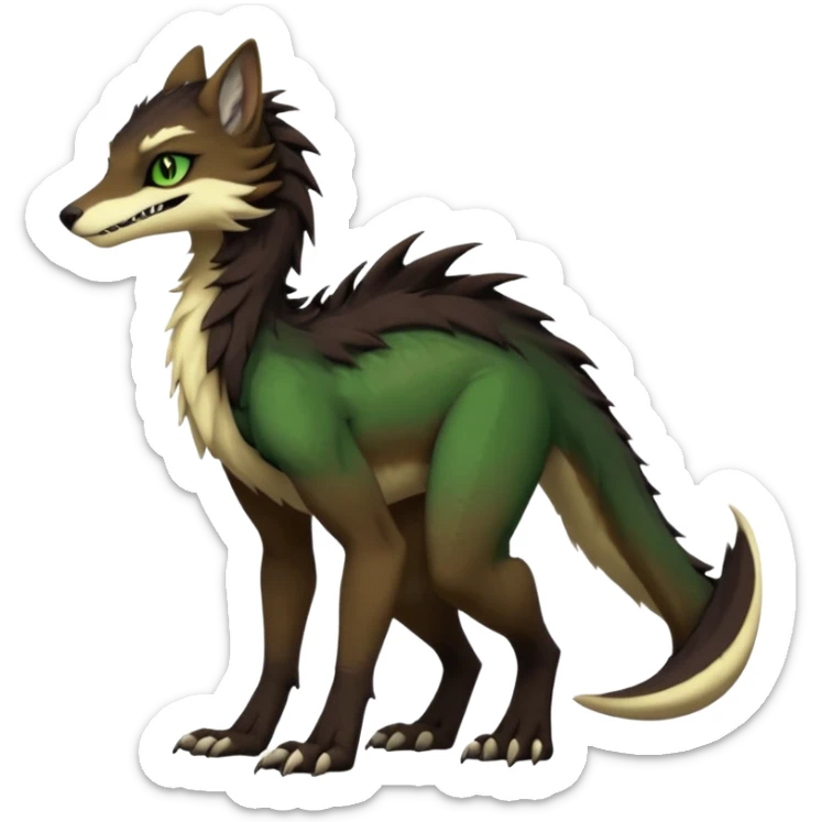 Brown and beige badass elegant wild beautiful natural cute badass epic exotic anthro modern furry 2-legged sergal-vernid-creature, full body, dark-brown-black-gradient pretty hair, with a long tufted tail, green eyes, aesthetic, art by LiLaiRa, art by art by Falvie sticker