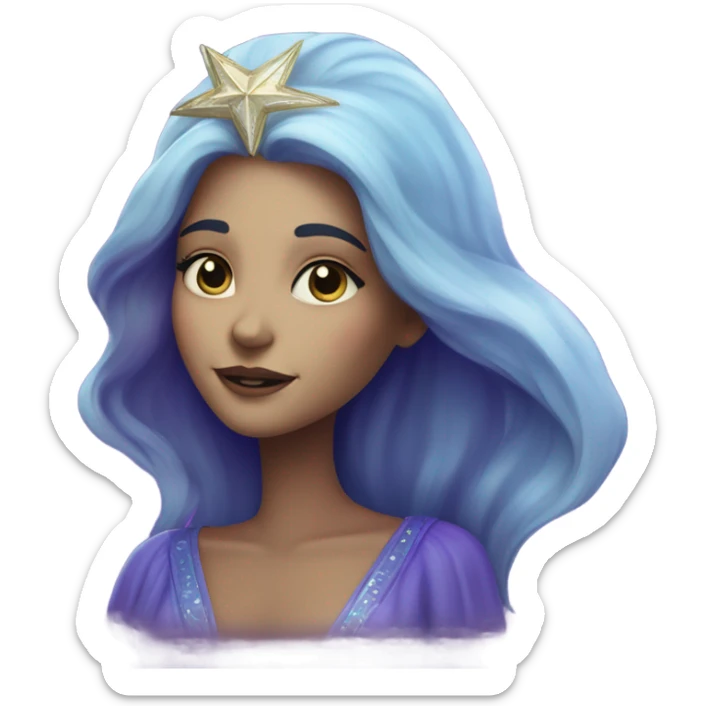 caucasian mystical woman with sparkling galaxy hair with moon and stars in purple and blue shades sticker