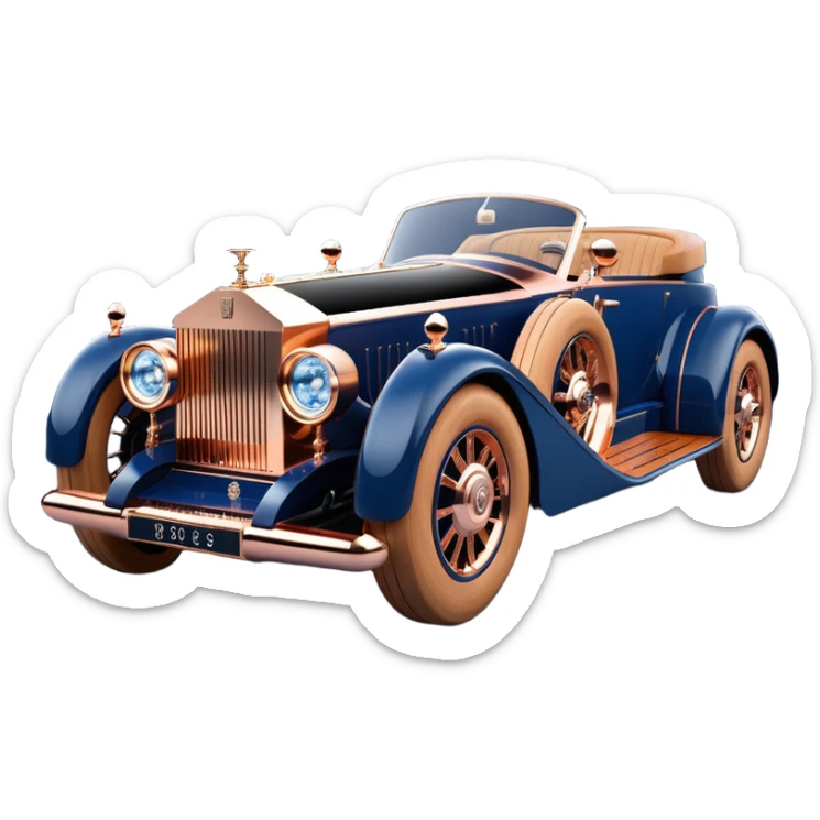dark blue led lights on a hot rodded delicately inlaid rose gold and wood accentuated chauffeur driven 1889 Rolls Royce with futuristic electric spaceship plasma motors and dynamos with wide racing wheels that are held strong by advanced suspension and steering sticker