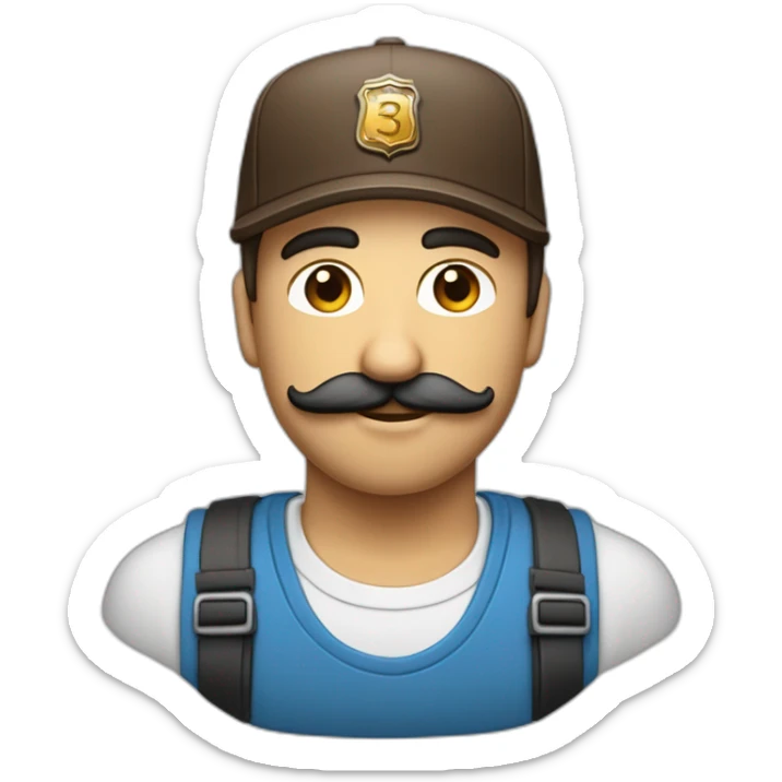 un développeur devant son ordinateur brun cheveux mi long une raie au milieux avec écouteur yeux bleus casquette et moustache peau normal sticker