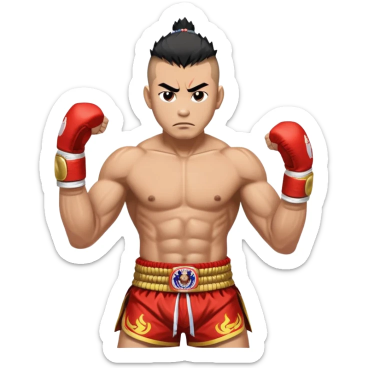 Rodtang Jitmuangnon the Iron Man, fierce Muay Thai fighter with mohawk hairstyle, intense expression, muscular build, wearing mongkhon headband and traditional Muay Thai shorts sticker
