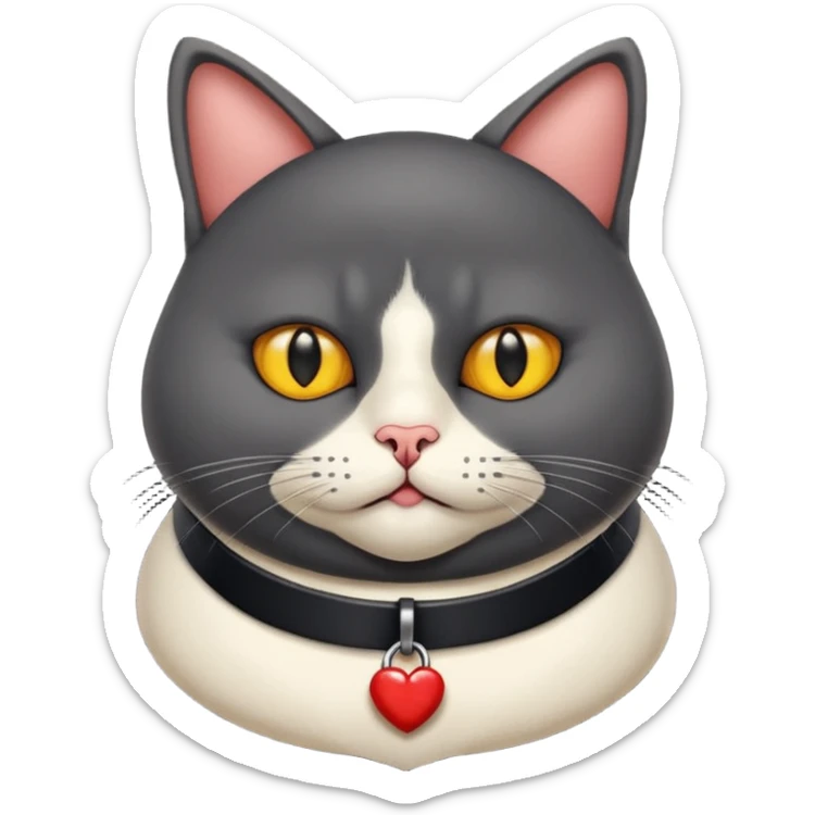 Un gato negro gordito con los ojos de color amarillos sentado con un collar que diga: waina michi sticker