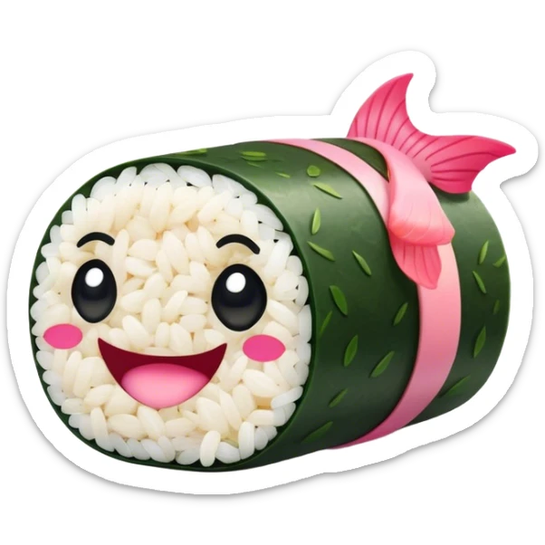 Cute Kawaii Maki Sushi Roll, small and round, wrapped in soft dark green seaweed, tiny grains of rice peeking out, a bright pink fish filling, a cheerful smiling face! sticker