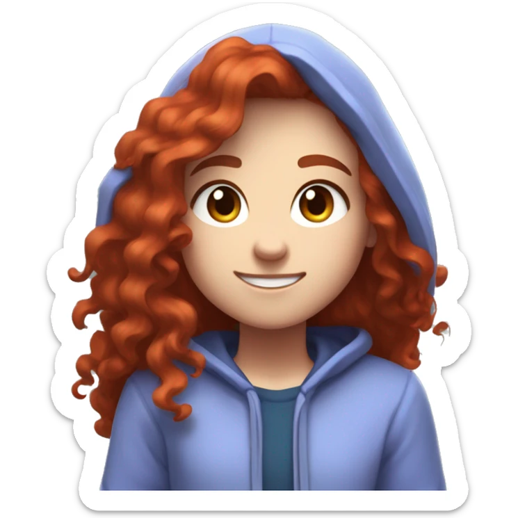 a white girl with long red curly hair and freckles, wearing periwinkle Minecraft hoodie playing a videogame smiling sticker