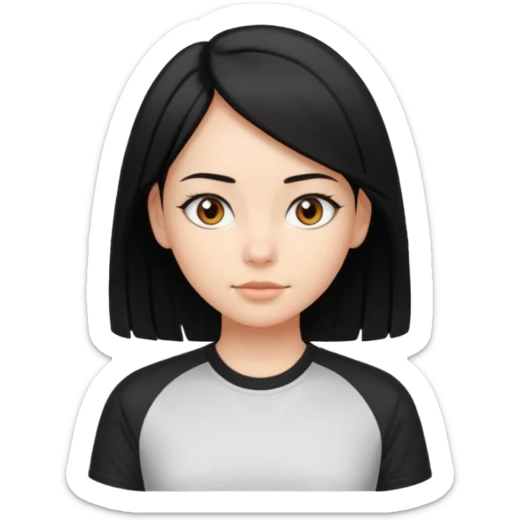 Make a girl with jet black hair that is straight  and length till shoulders| brown eyes | oval head| an aesthetic style| sporty shirt sticker