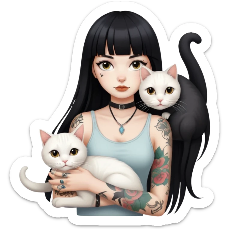girl with long black  straight bangs hair and tattoos and a white cat sticker