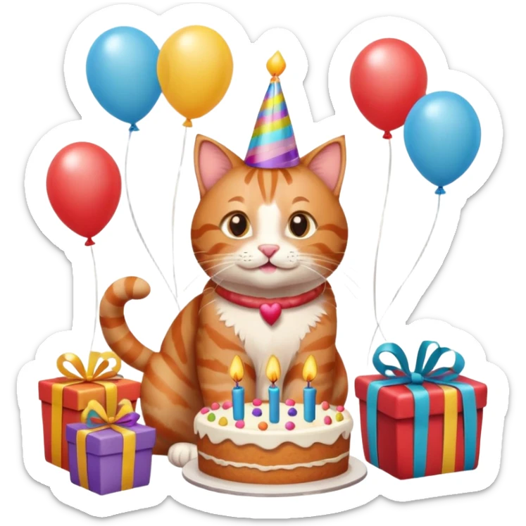 Ginger tabby cat celebrating birthday, birthday hat, birthday cake, balloons, happy, gifts sticker