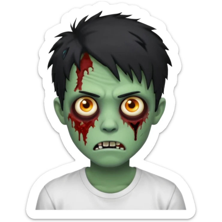 Rosto de frente classico de zombie boca meio torta cabelos medios grandes pretos bagunçados low fade com pele verde clara camiseta branca sem nenhum sangue no rosto e com cabelo bem adolescente e bagunçado sticker