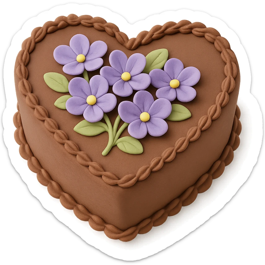 heart-shaped chocolate fondant cake with piped violets, transparent background sticker