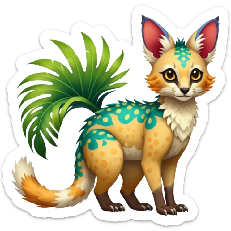 Feral Rare Fantasy vibrant colorful tropical Vernid-Trico-species by LiLaiRa, random markings, tufted tail, tufted ears, full body sticker