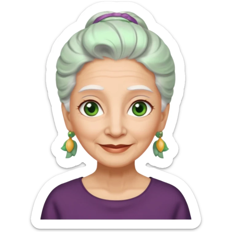 abuela con ojos verdes, pelo blanco, pelo blanco y amarrado, aspecto feliz sticker