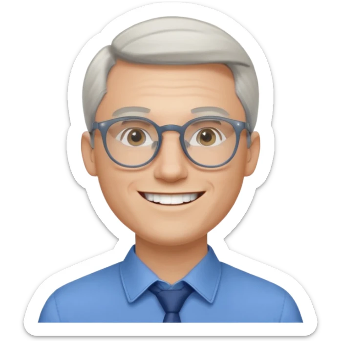 30 yr old pale white man, white/grey side swept stylish hair, round glasses, big smile, white teeth, handsome, longer hair, thin glasses, blue dress shirt sticker