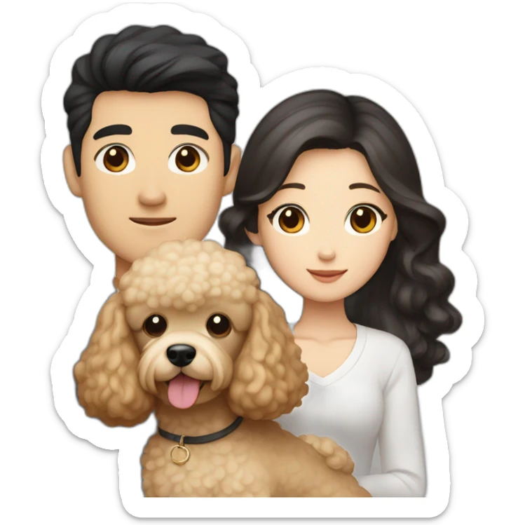 A couple consisting of asian korean man with black eyes and black hair and white girl with long straight blonde hair and brown eyes with brown toy poodle sticker