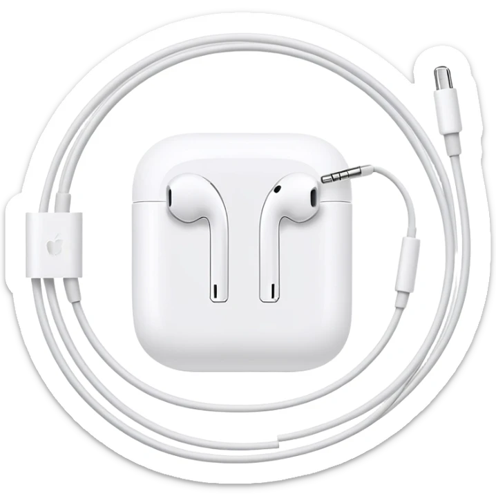 Ultra minimalist white Apple EarPods with cord coiled in a perfect circle, extremely simplified design with minimal details, basic clean outlines, just the essential shape of white headphones and wire in a circle, iOS style sticker