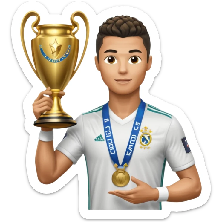 Cristiano Ronaldo holfing the champions league with noodle hair a bit longer noodle hair with a bit of blonde highlights and tge hair xoming down a bit just a bit of blonde not completely sticker