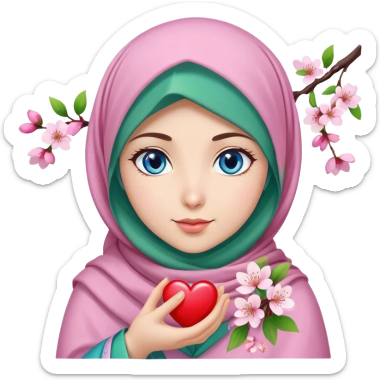 Turkish beautiful finish Konya girl blue eyes with cherry blossom flower lila green design hijab and hold heart in her hand  sticker