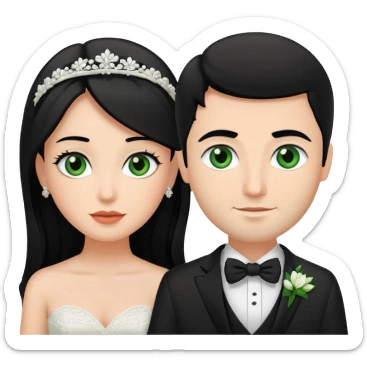 bride and groom, bride has black hair and brown eyes, brunette groom has green eyes sticker