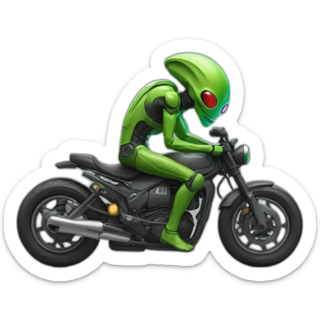 Un alien qui est sur une moto en faisant le signe jul sticker
