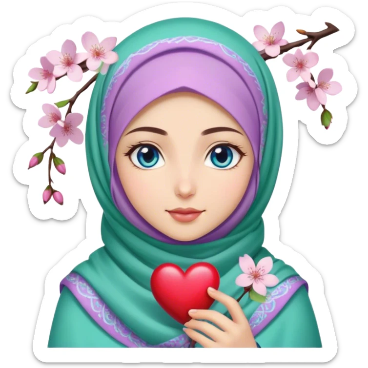 Turkish beautiful finish Konya girl blue eyes with cherry blossom flower lila green design hijab and hold heart in her hand  sticker