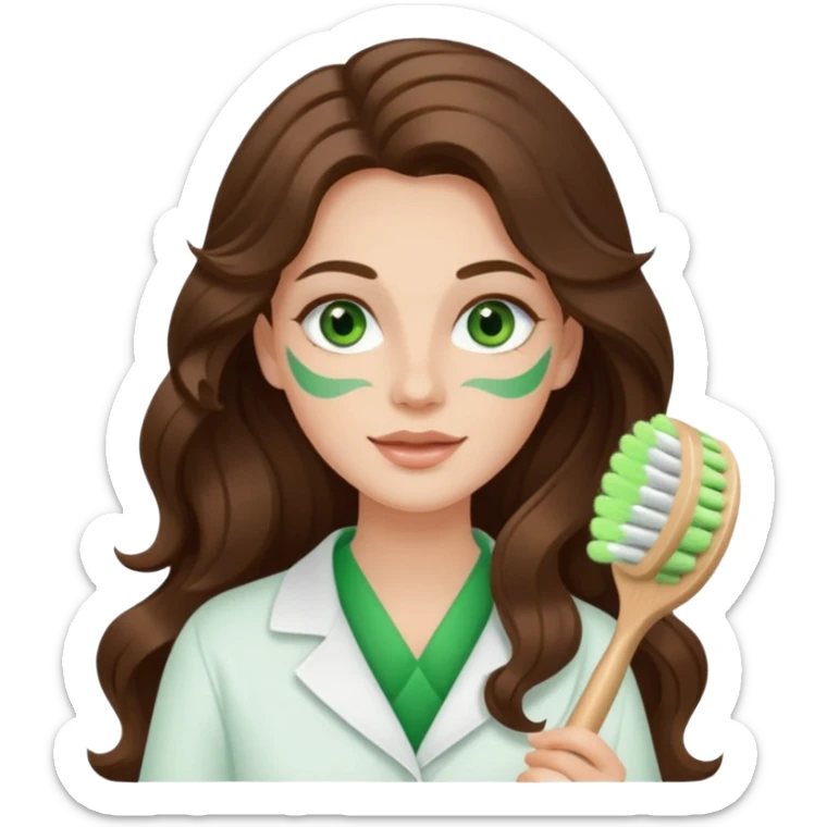 Aesthetician with long brown wavy hair, she has green eyes holding a white facial brush sticker