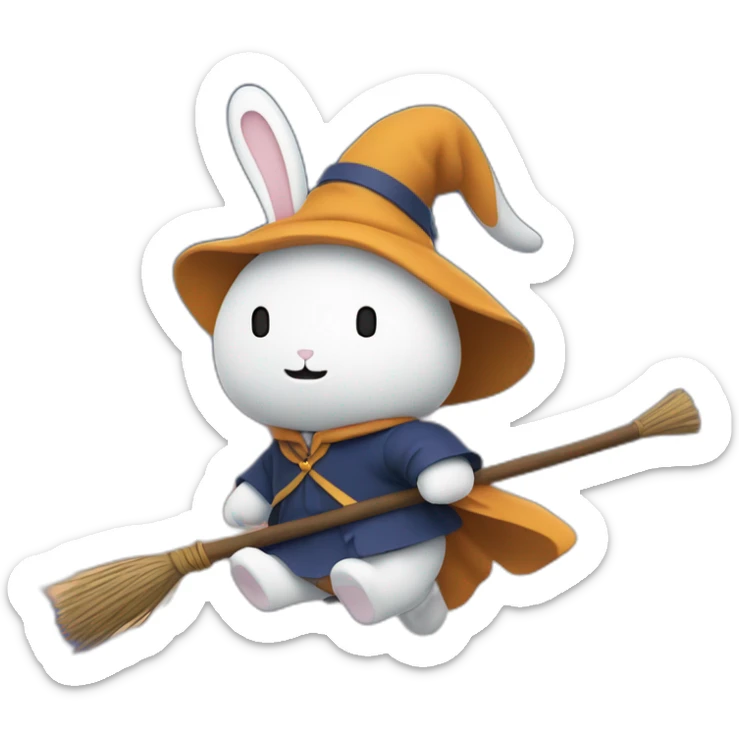 the rabbit, miffy, riding a broomstick like a witch with the night sky and stars in the background sticker