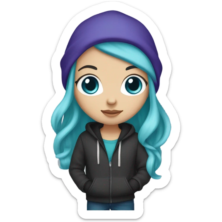 White girl, blue eyes, long teal hair, purple beanie hat, black hoodie, blue jeans, black shoes sticker
