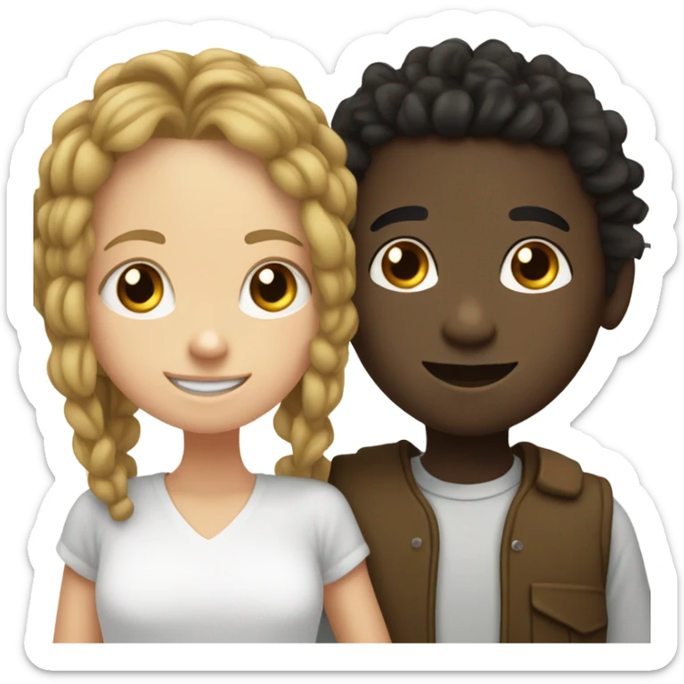 black smiling boy with dreadlocks hugging a white girl with brunette hair and big eyes sticker