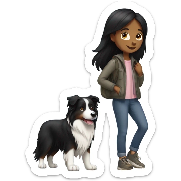 Girl with black hair walking a border collie mountain dog  sticker
