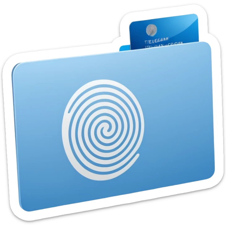 Minimalist blue Telegram channel icon of a card back. The card is face down, slightly tilted. A single, elegant fingerprint spiral is centered on the card back, symbolizing identity and unique associations. Monochromatic blue and white. Clean, flat design. sticker