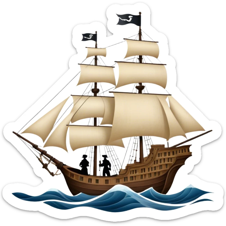 Reading Fiction: a sailing ship made of book pages floating on waves, with swashbuckling musketeers on horseback and a detective silhouette resembling Sherlock Holmes in the background. The icon should capture the adventurous and romantic spirit of classic literature. Transparent background. sticker