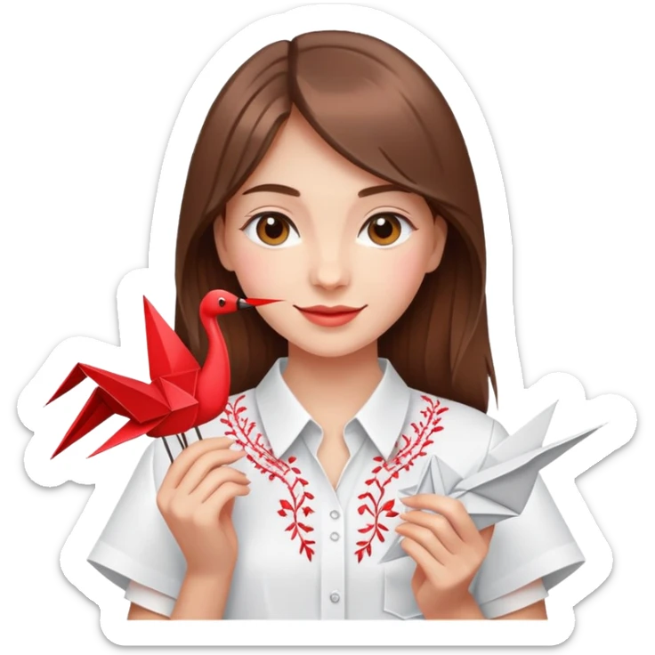 Happy Ukrainian young girl with brown hair in a white embroidered shirt holds an origami red crane sticker