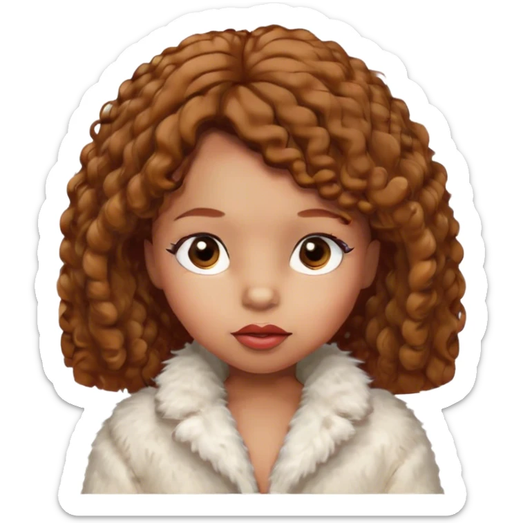 light brown skin tone, very adorable toddler, with big plump lips, long long lashes, brown curly bob, brown eyes, white fur coat sticker