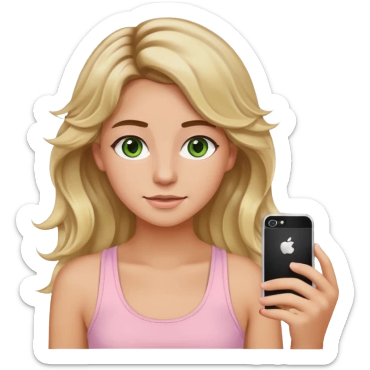 ca you make her hair a 20-year-old girl with long wavy hair brown roots blonde highlights green eyes brown eyebrows good summer tan iPhone emoji style with light pink tank top can you make her hair a little longer please sticker