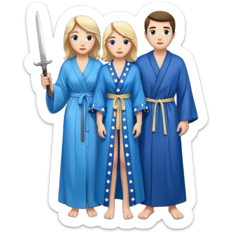 An upright Europe (a tall woman), wearing a blue, flowing robe with stars on the hem. In the background stands a man, with a knife
He has to stand behind her. the top of the knife to her back sticker