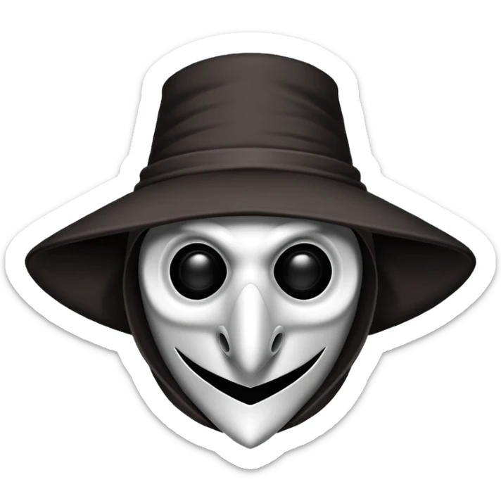 Morbid medieval plague doctor mask with a wide, sinister smile, visible in the empty eye sockets a tiny glow. Clean, stylized lines, flat vector illustration suitable for a small emote. Stylized as a medieval woodcut or metal engraving. Black and white with one accent color  sticker