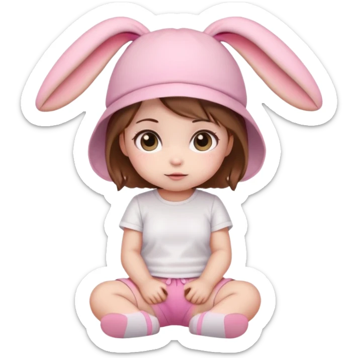 Kawaii baby girl emoji, sitting, brown hair, big eyes, pink bunny ear hat, white t-shirt, pink shorts sticker