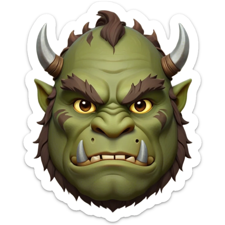 Cinematic Noble Ogre Portrait Emoji, Majestic and imposing, with a rugged, muscular form in deep earthy greens and browns, adorned with battle scars and subtle tribal markings, exuding calm, noble strength and unexpected wisdom, simplified yet strikingly detailed, glowing with a shadowy outline that captures the essence of a gentle giant with fierce heart! sticker