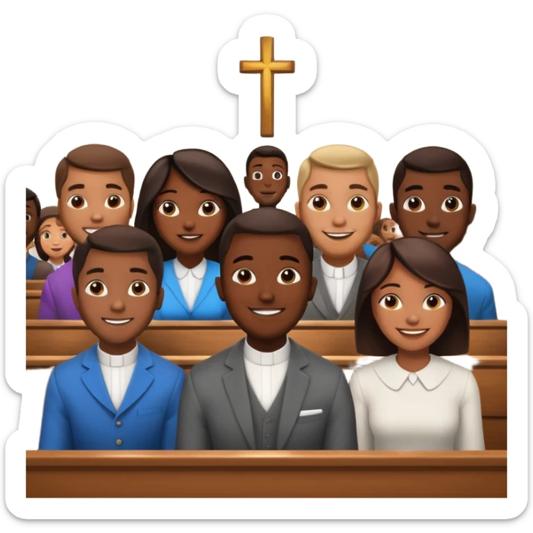 African American urban men and women sitting in church pews on a Sunday at church listening to a preacher sticker