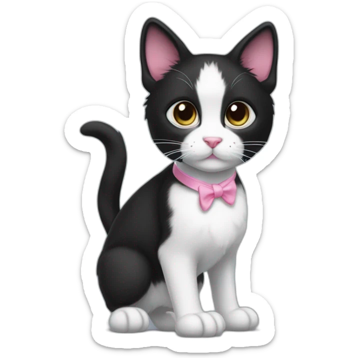 young black and white tuxedo cat walking profile with round eyes, a pink nose, the white fur on his face only goes under the eyes to the bottom of his face, whispy tips on ears sticker