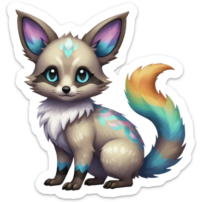 Rare iridescent white exotic epic aesthetic colorful Trico-Eevee-Civet-species-Fakemon-hybrid-creature, with intricate tattoo markings, full body sticker