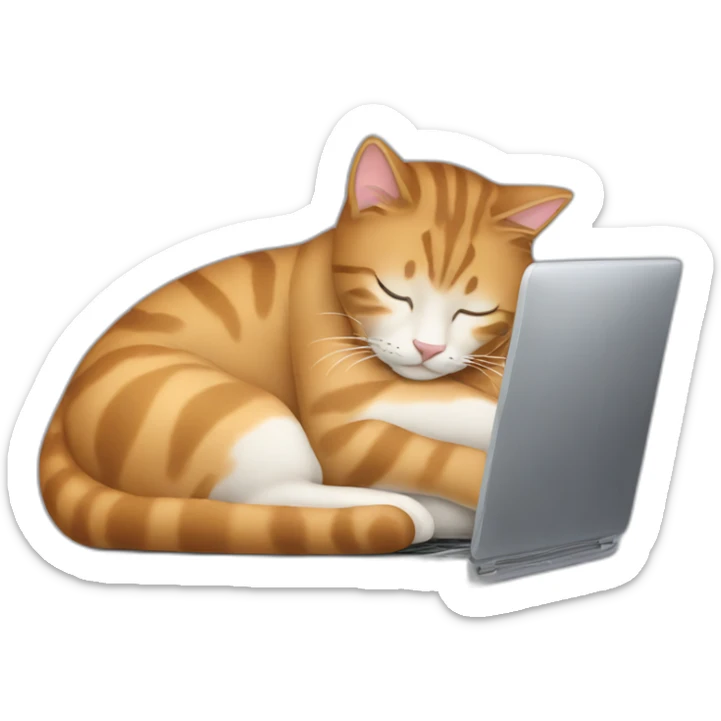 a large cat sleeping on the laptop of a woman with pale skin and long brown straight hair sticker