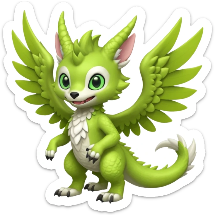 Lime-green furry cute kawaii winged Fakémon-Trico-Scalie-Digimon-Sergal-Protogen-creature (full body) sticker