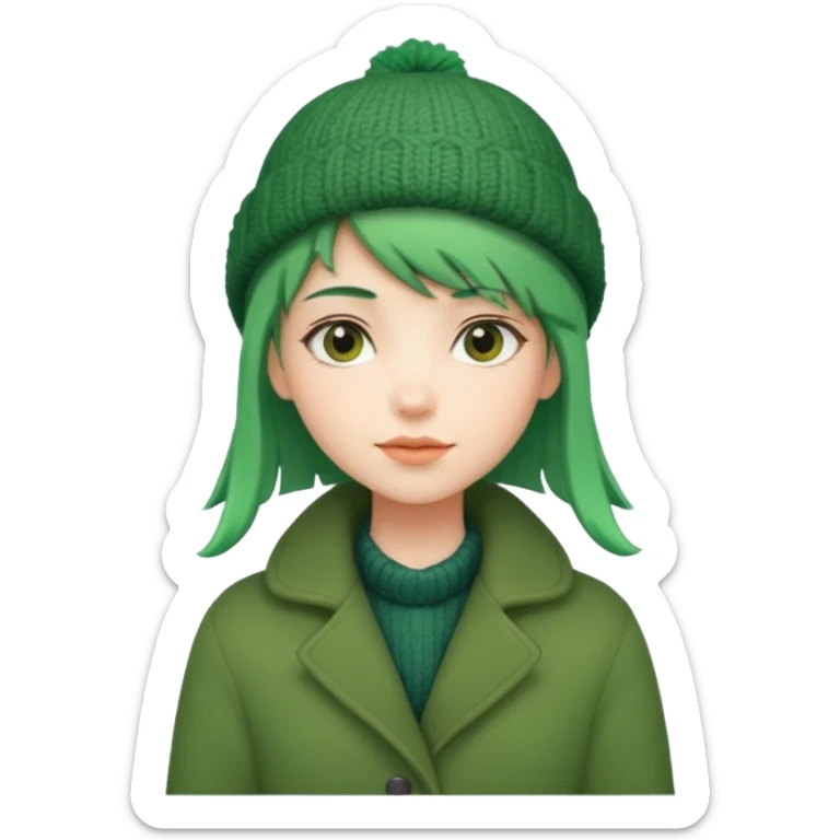 Girl with green hair wearing winter coat and a woolen hat with a relaxed posture and friendly face sticker