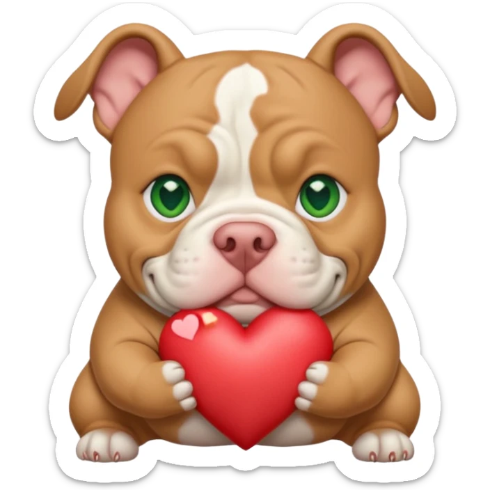 Tan and white American xl bully with green eyes and stocky head cropped ears Holding a heart sticker